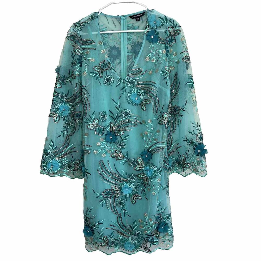 BOSTON PROPER SEXY SEQUIN/EMBROIDERED APPLIQUE BELL SLEEVE COCKTAIL DRESS 8 E19
